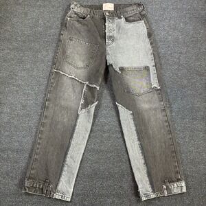 REVICE Denim Two-Tone Patchwork Jeans Women 31 Straight Leg Frayed Grey Black